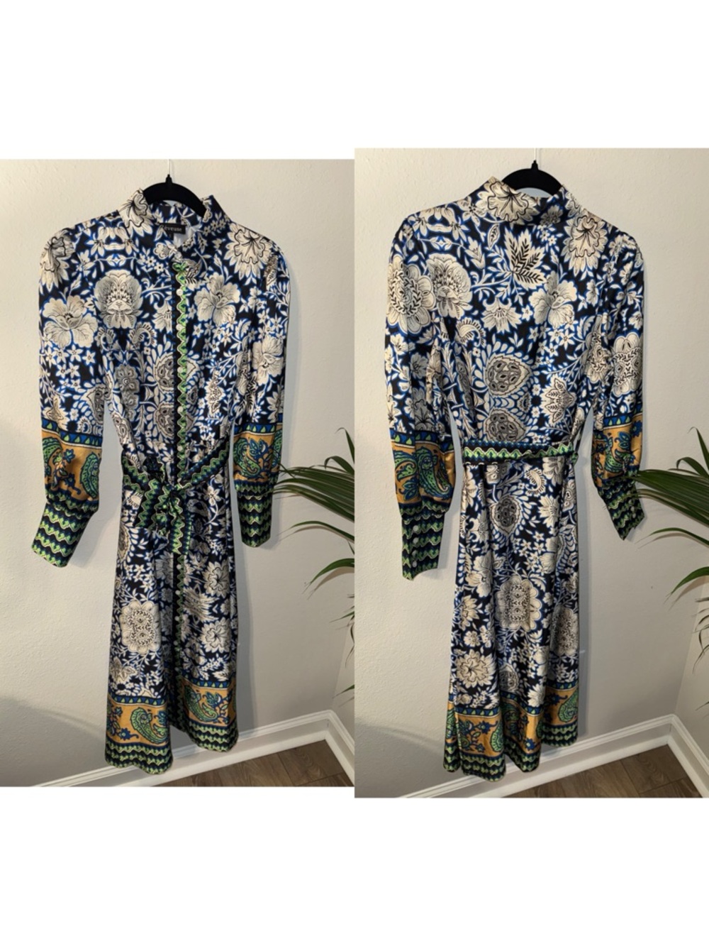 Reverse Navy & White Floral Long Sleeve Shirt Dress with Green and Gold Trim